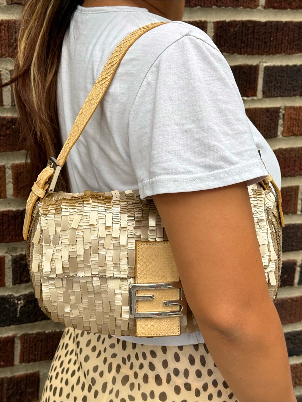 Vintage Fendi Gold Glitter Baguette Shoulder Bag w Snake Trim